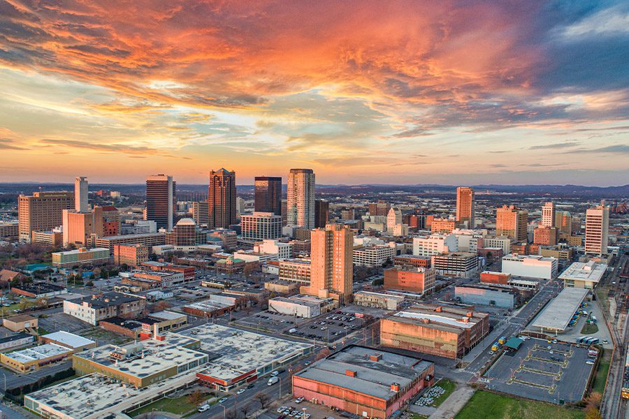 Birmingham, AL - Downtown Birmingham, Alabama Skyline Aerial View at Dusk